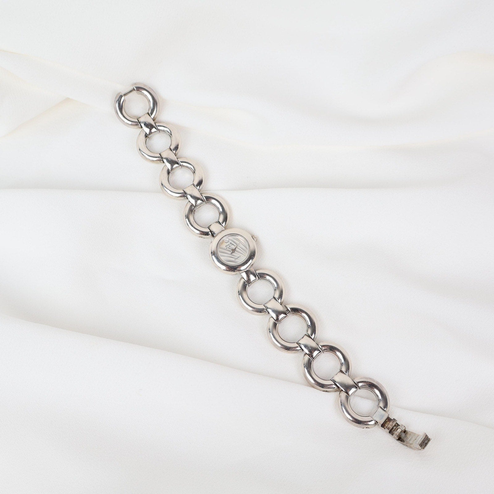 Vintage Silver Anne Klein Watch with Circle Face and Chain