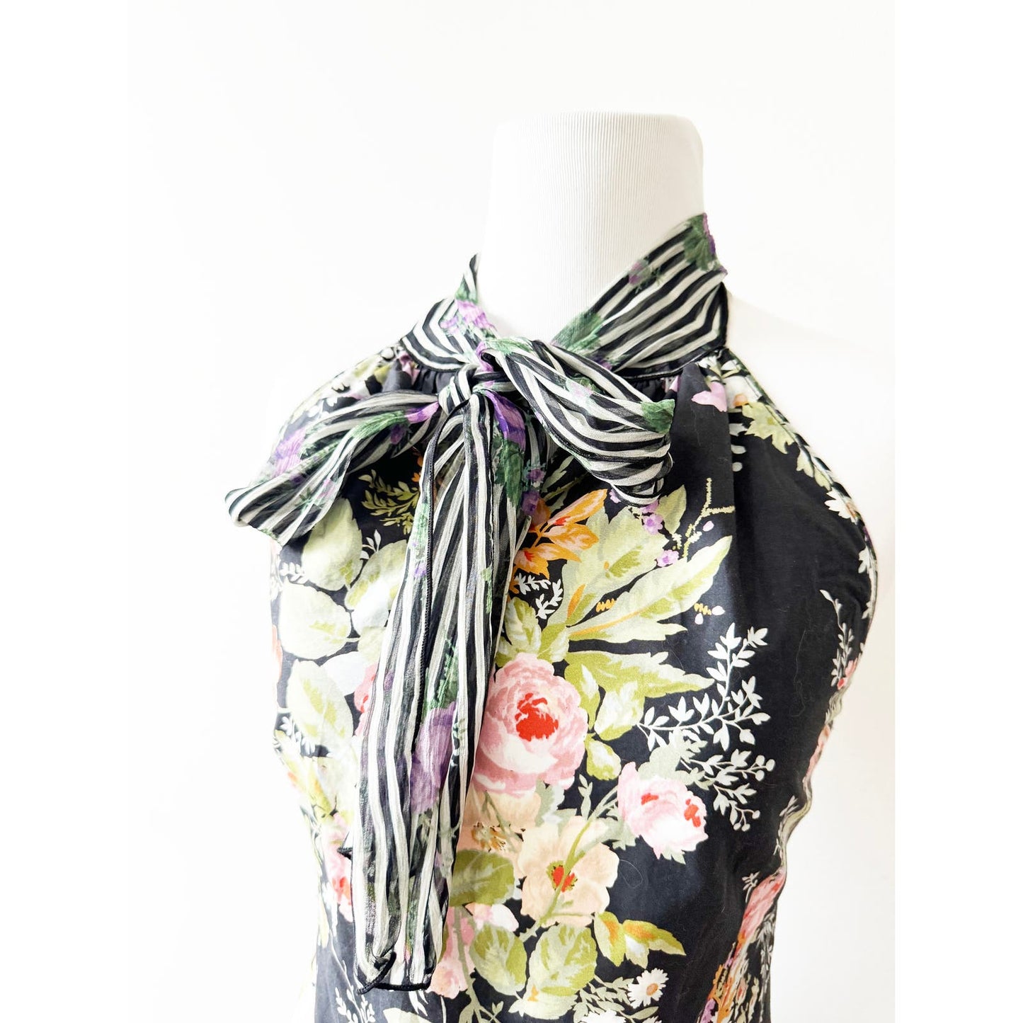Y2k ANNA SUI Black Tie Neck Floral Dress | Size 2
