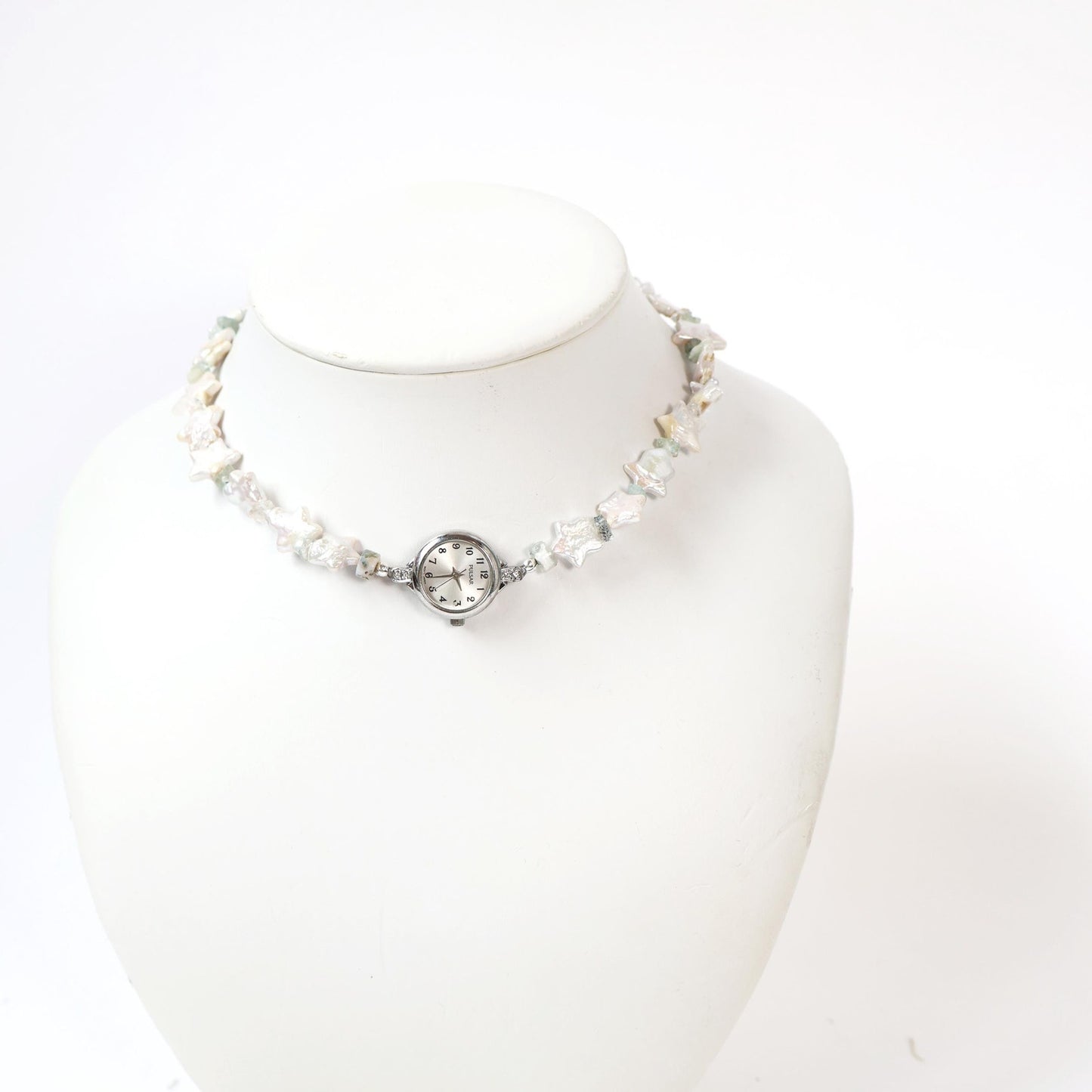 Reworked Star Pearl and Blue Crystal Choker Necklace with Vintage Watch Face (Working) | PULSAR