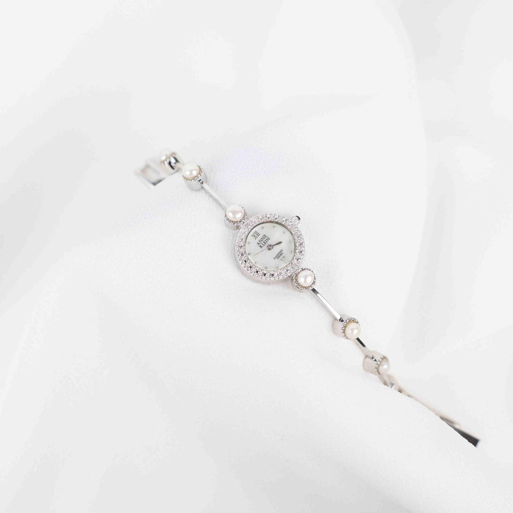 Vintage Anne Klein Round Face Watch – Silver Tone and Pearl Bracelet (Working Battery)