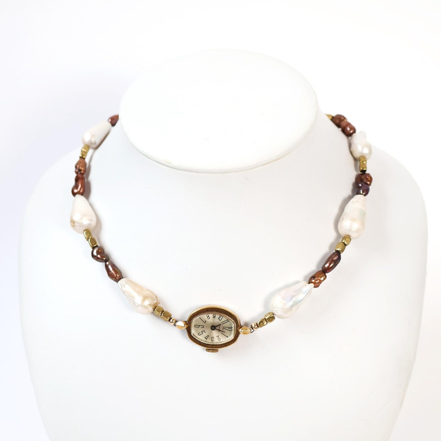 Reworked Brown and Baroque Pearl Choker Necklace with Vintage watch Face (Nonworking) | TIMEX