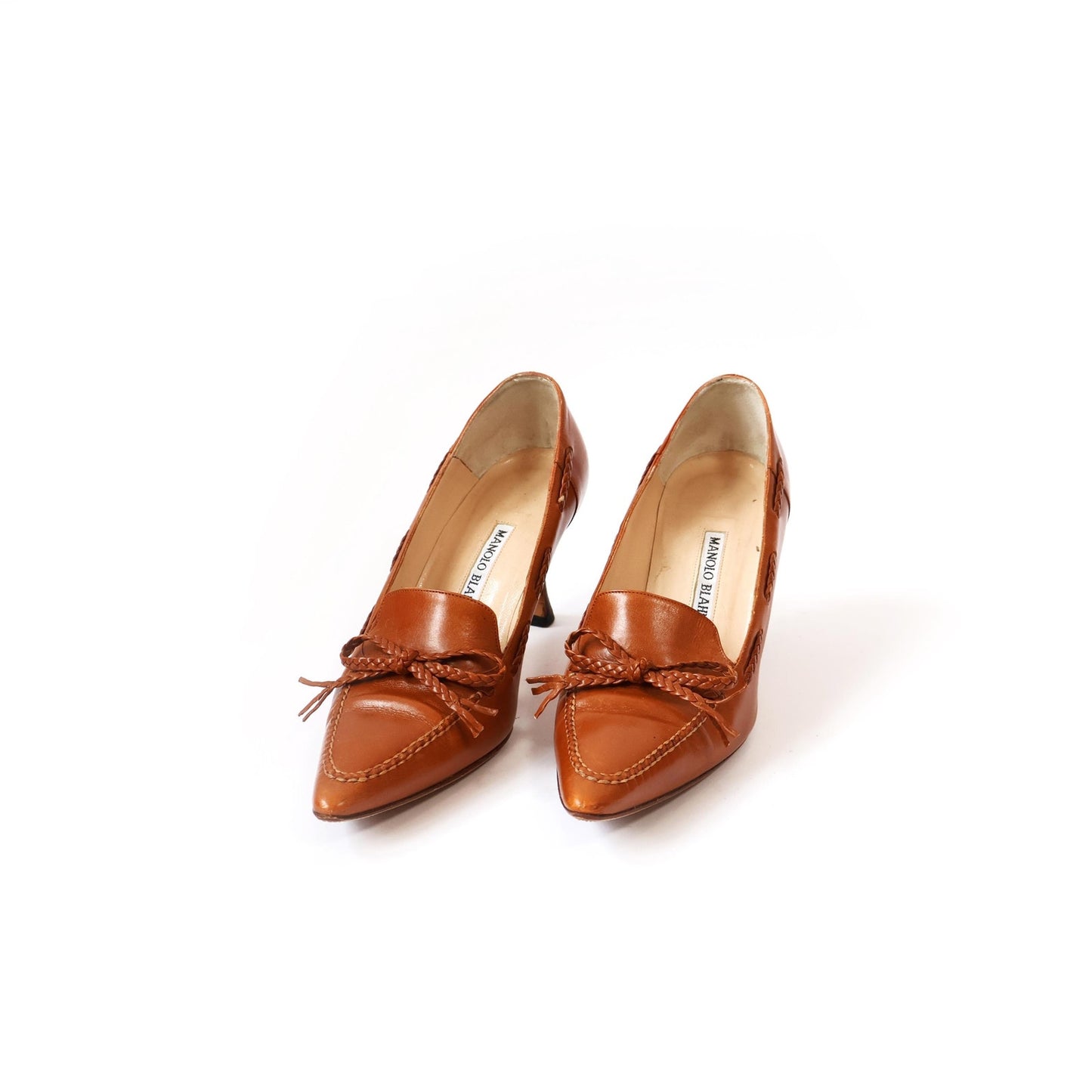 Vintage Braided Leather Manolo Blahnik Heels with Bow and Wooden Heel | EU 35 1/2