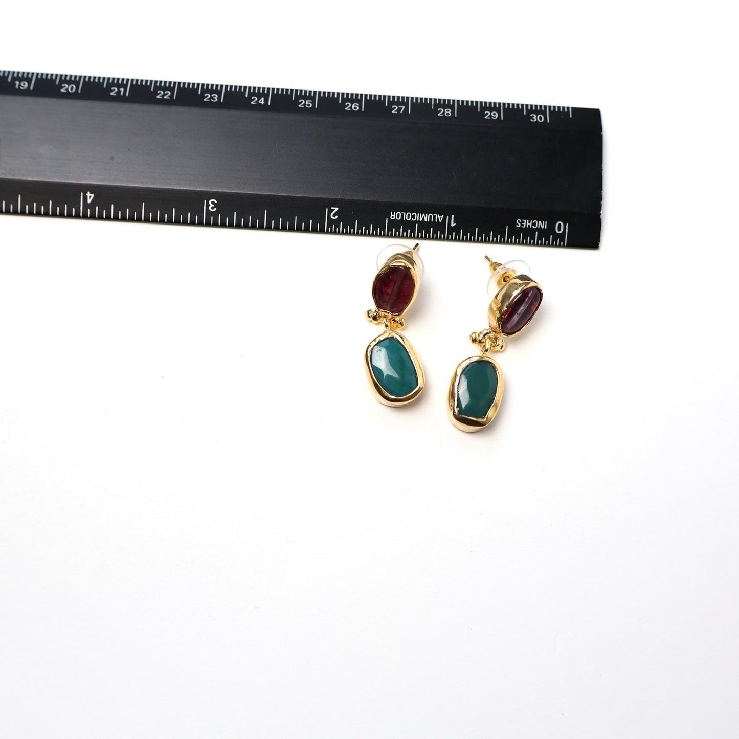Eclectic Inventory Gold Toned Natural Stone Drop Earrings | Pink and Green Style