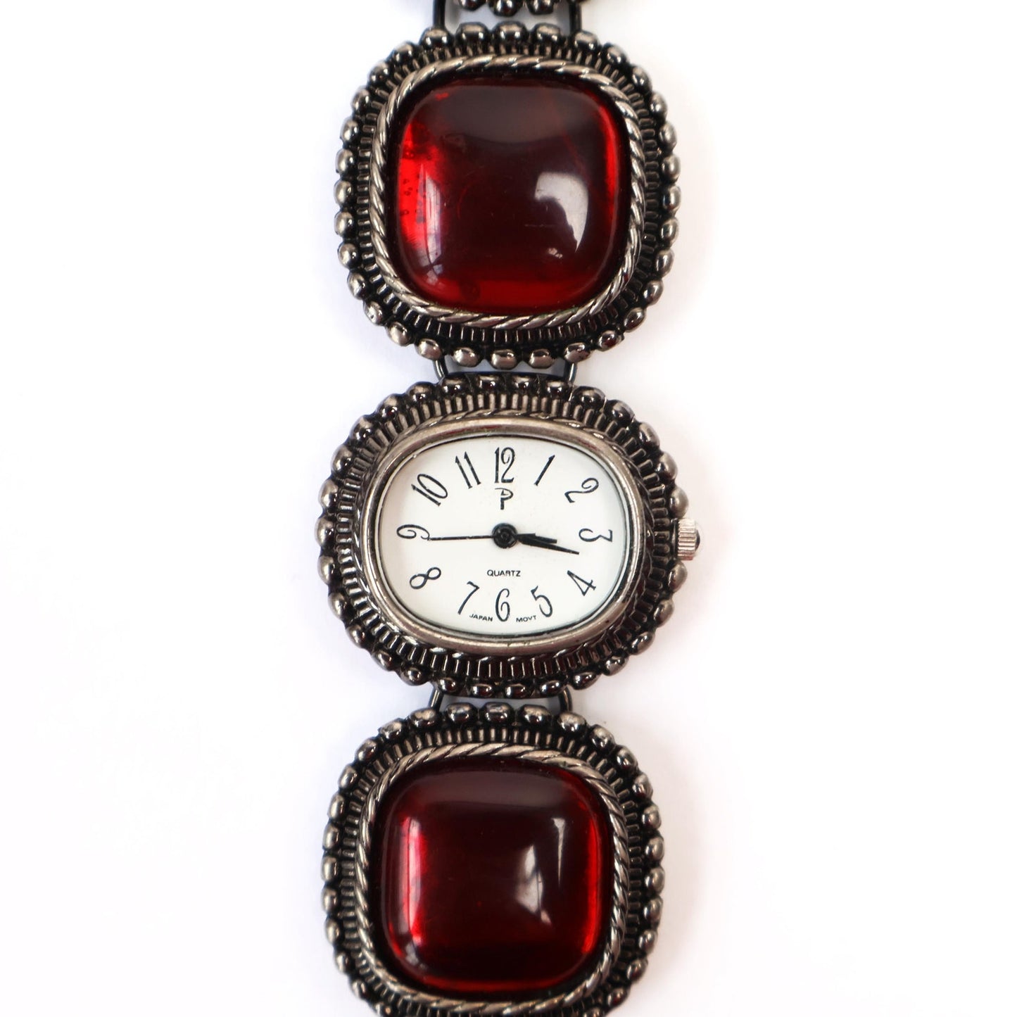 Vintage Silver and Red Watch with White Rectangle Face | QUARTZ