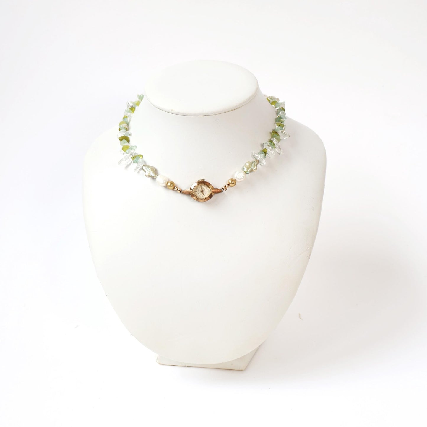 Reworked Gemstone and Freshwater Pearl Choker Necklace with Vintage Watch Face (Nonworking) | BENRUS