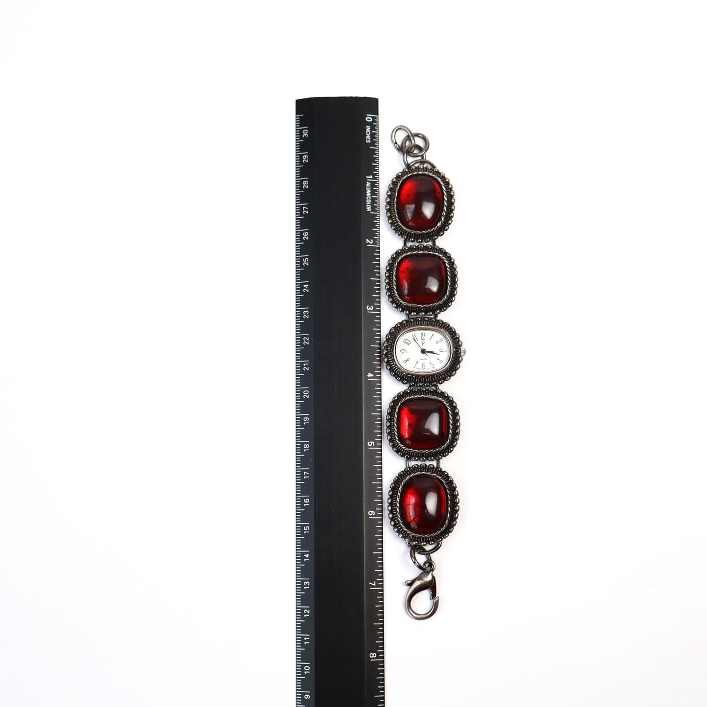 Vintage Silver and Red Watch with White Rectangle Face | QUARTZ