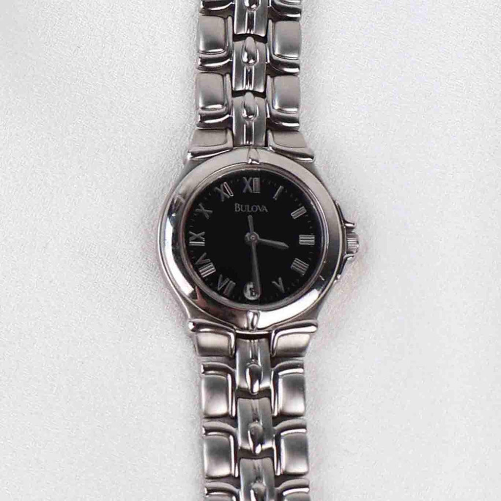 Vintage Silver Tone Bulova Watch with Round Black Watch Face