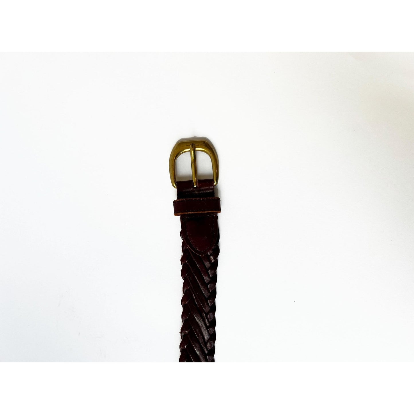 Vintage Brown Genuine Leather Woven Belt with Gold Buckle