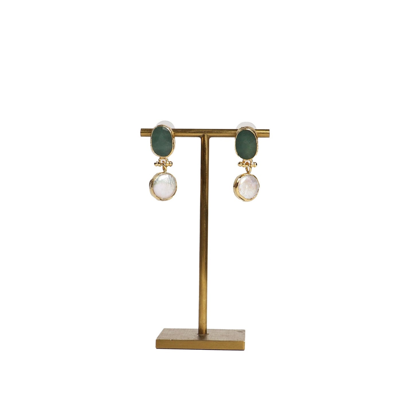 Eclectic Inventory Gold Toned Natural Stone Drop Earrings | Emerald and Pearl Style