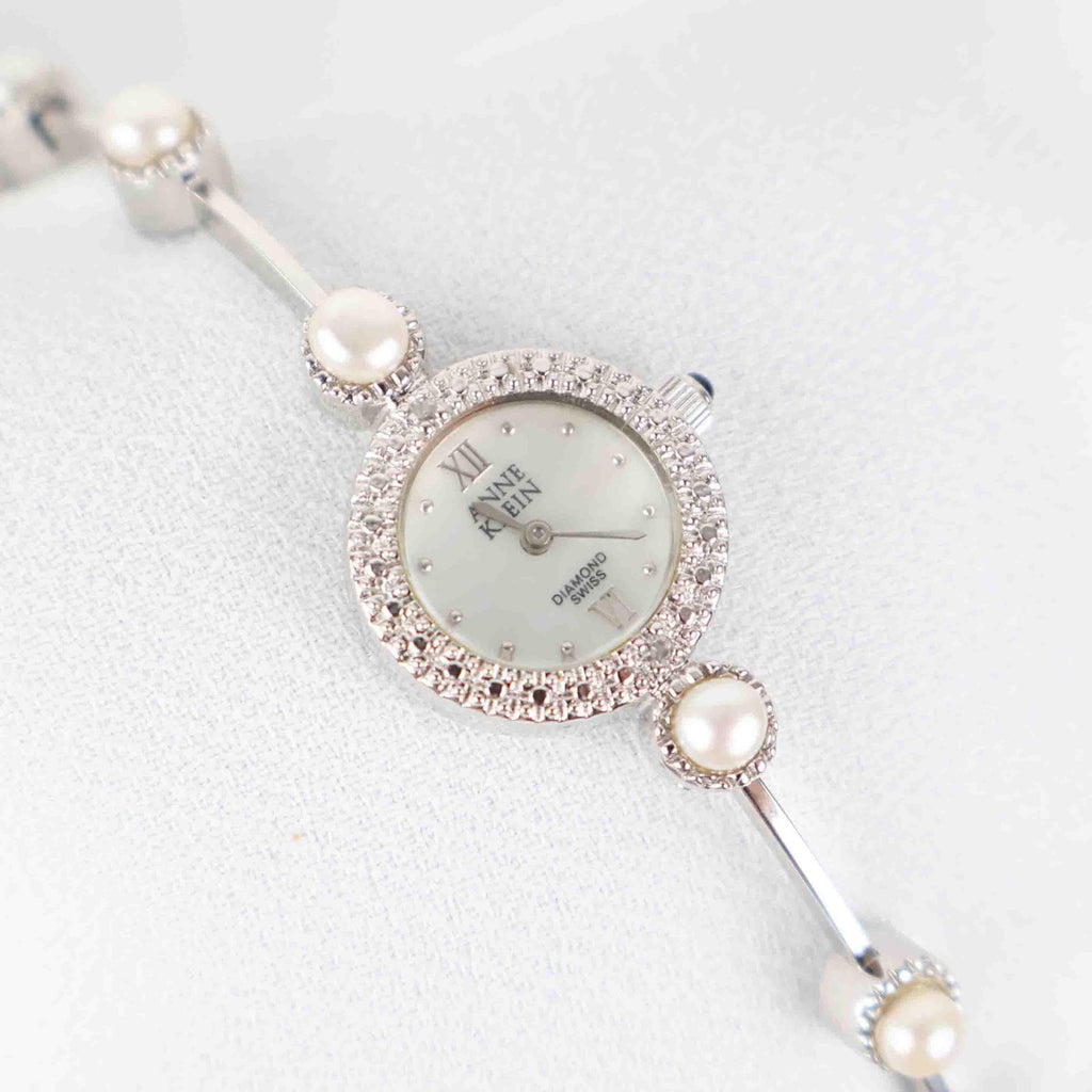 Vintage Anne Klein Round Face Watch – Silver Tone and Pearl Bracelet (Working Battery)