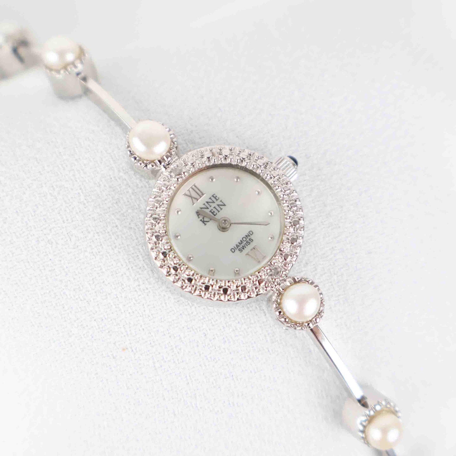 Vintage Anne Klein Round Face Watch – Silver Tone and Pearl Bracelet (Working Battery)