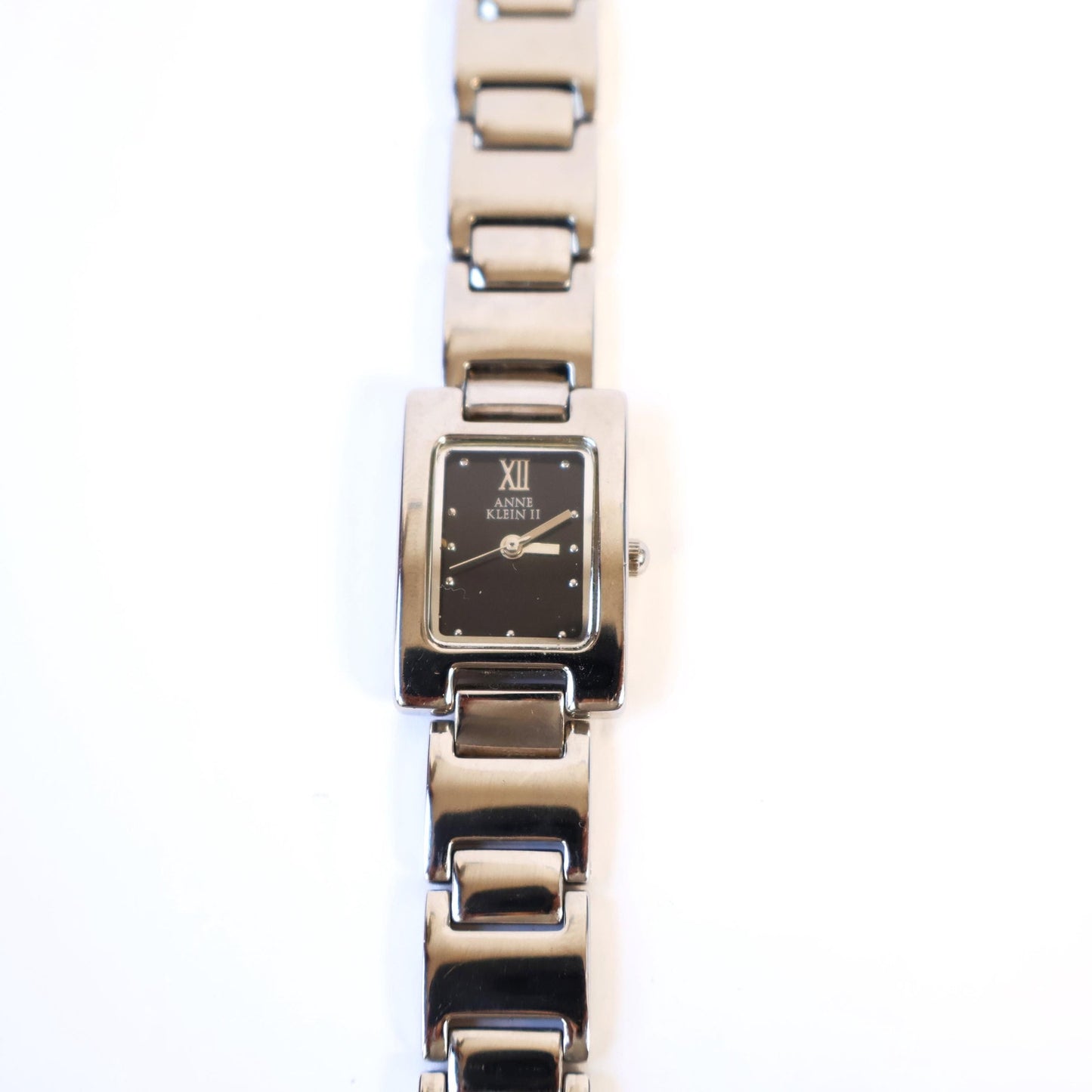 Vintage Silver Watch with Black Rectangle Face | ANNE KLEIN II