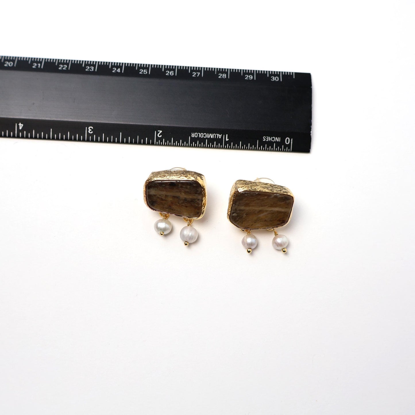 Eclectic Inventory Gold Toned Natural Stone Earrings with Drop Pearls | Pearl and Smokey Quartz Style
