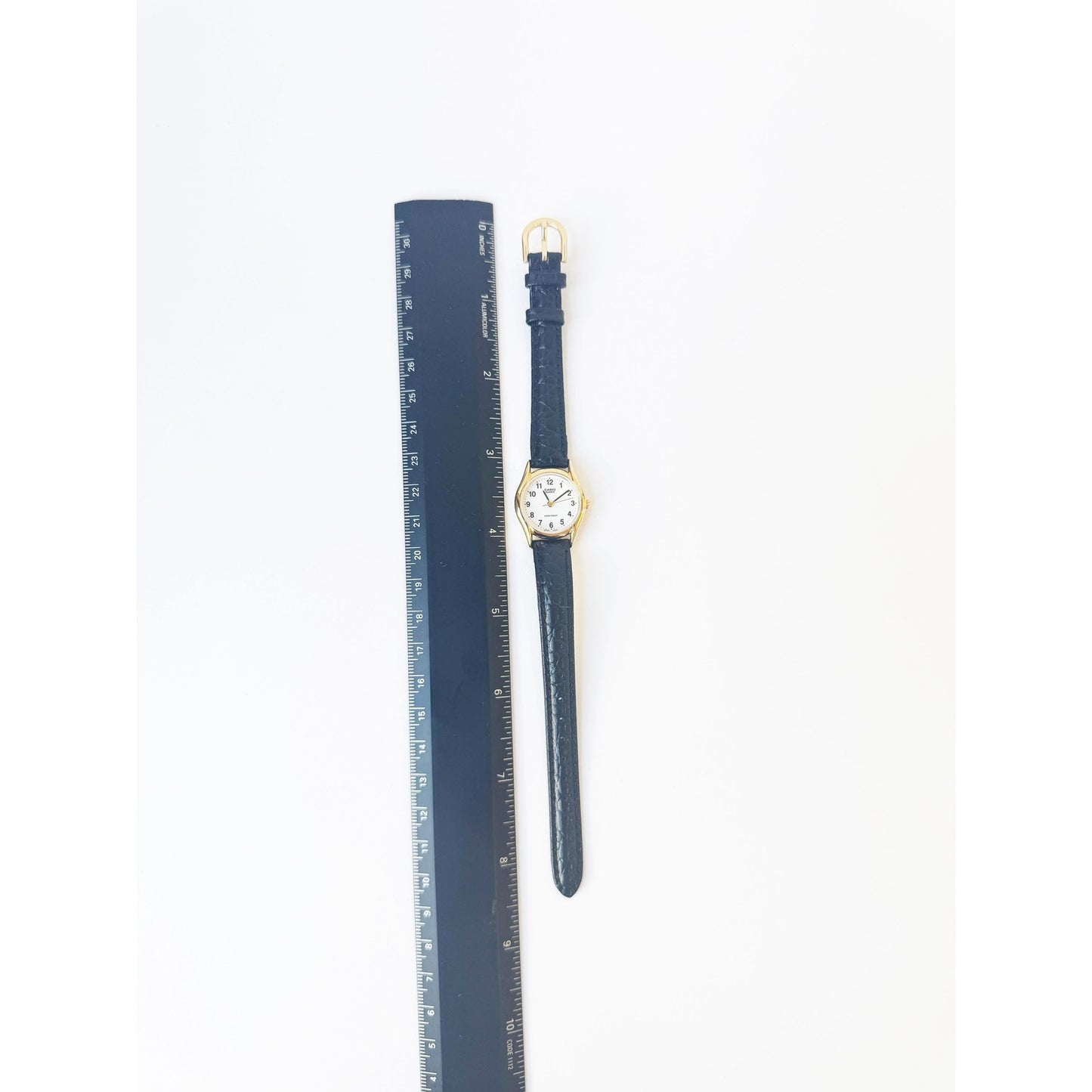 Vintage Black Leather Watch with Gold Details and White Circle Face | Casio | New Battery