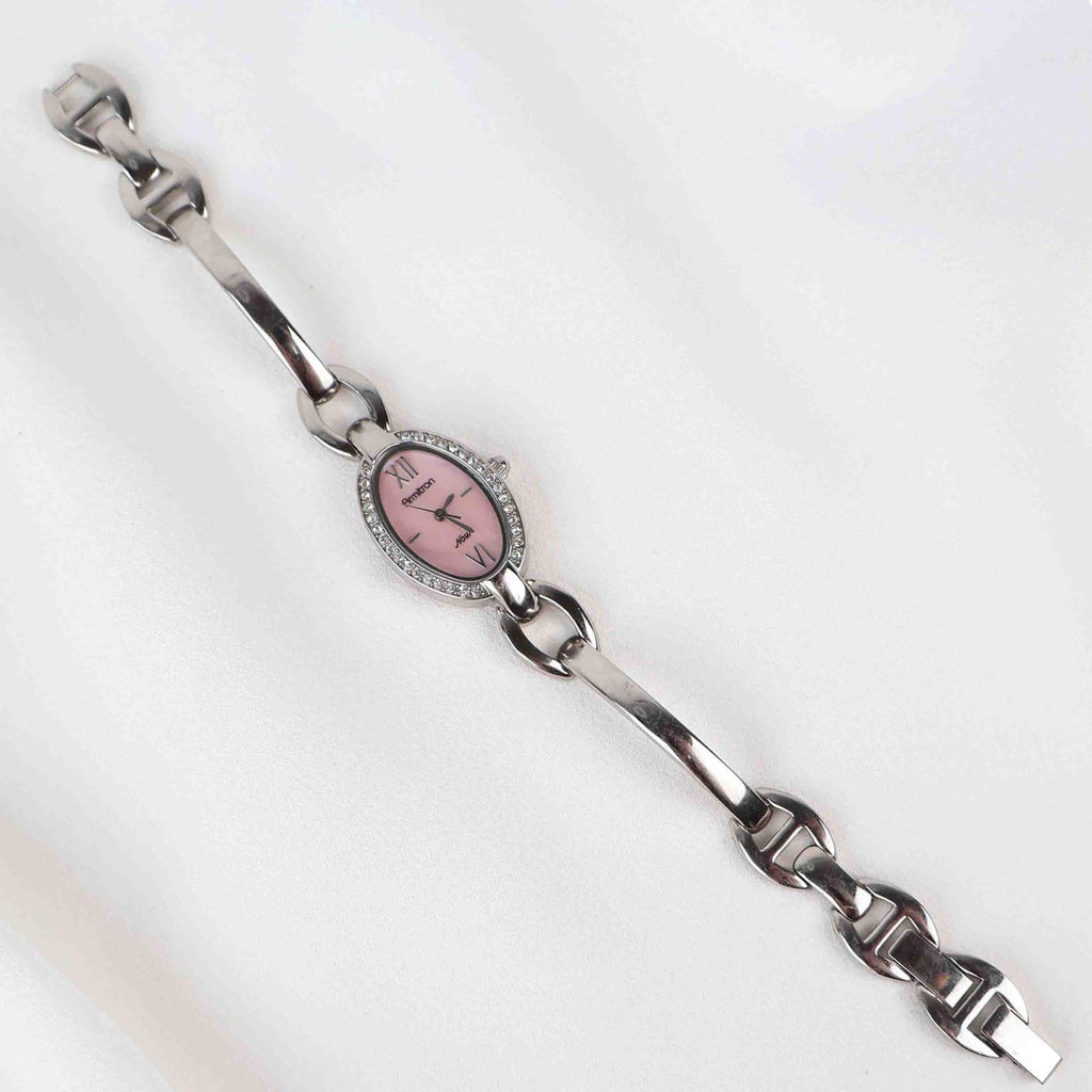 Vintage Silver Armitron Watch with Pink Oval Face, Japanese Movement