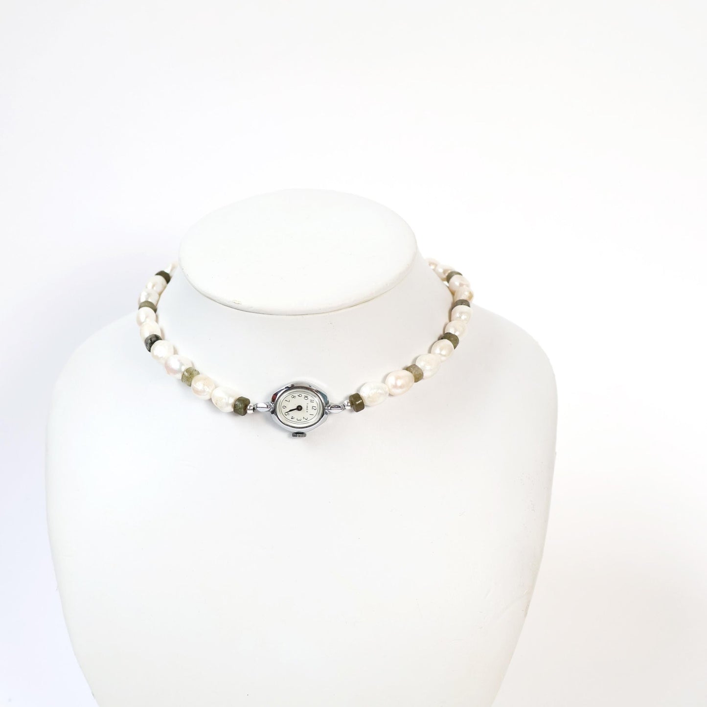 Reworked Labradorite and Pearl Choker Necklace with Vintage Watch Face (Nonworking) | TIMEX