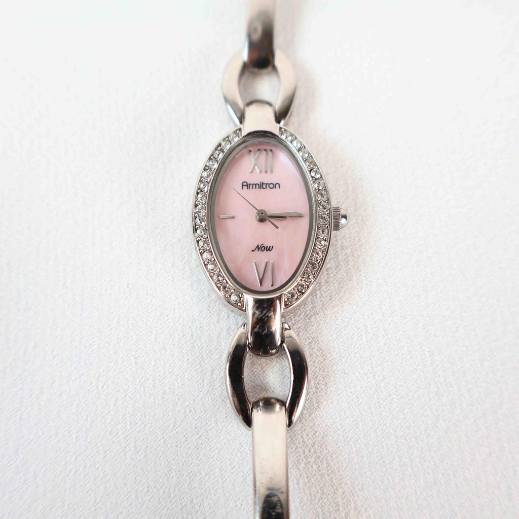 Vintage Silver Armitron Watch with Pink Oval Face, Japanese Movement
