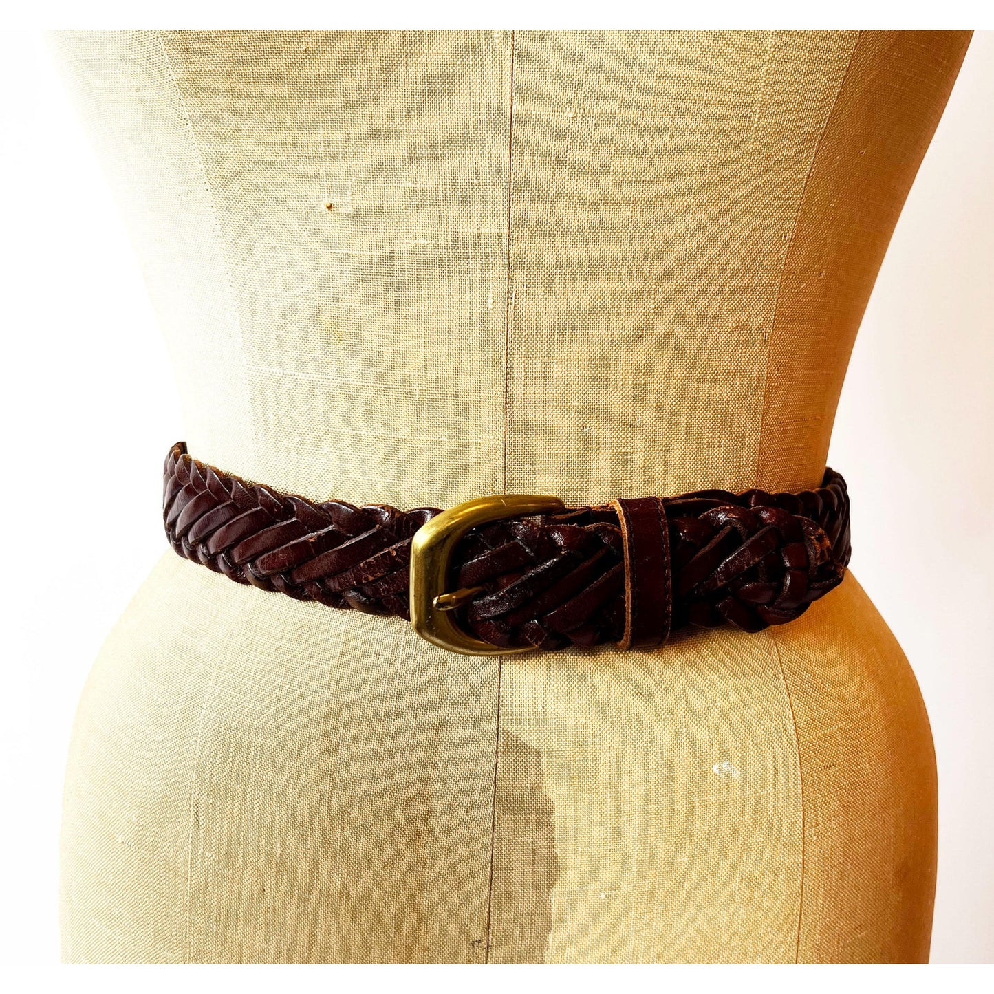Vintage Brown Genuine Leather Woven Belt with Gold Buckle