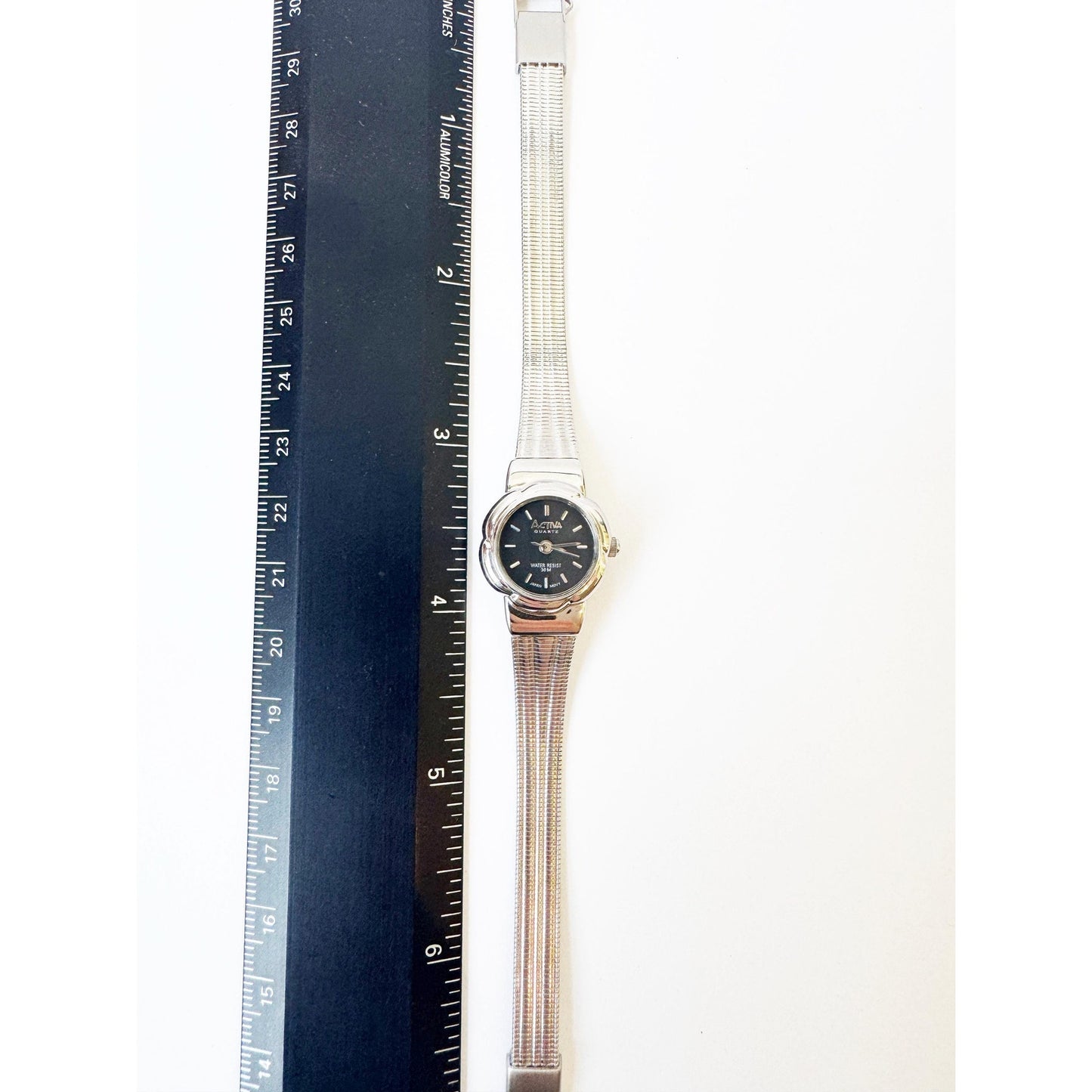 Vintage Silver Watch with Black Circular Scalloped Face l ACTIVA