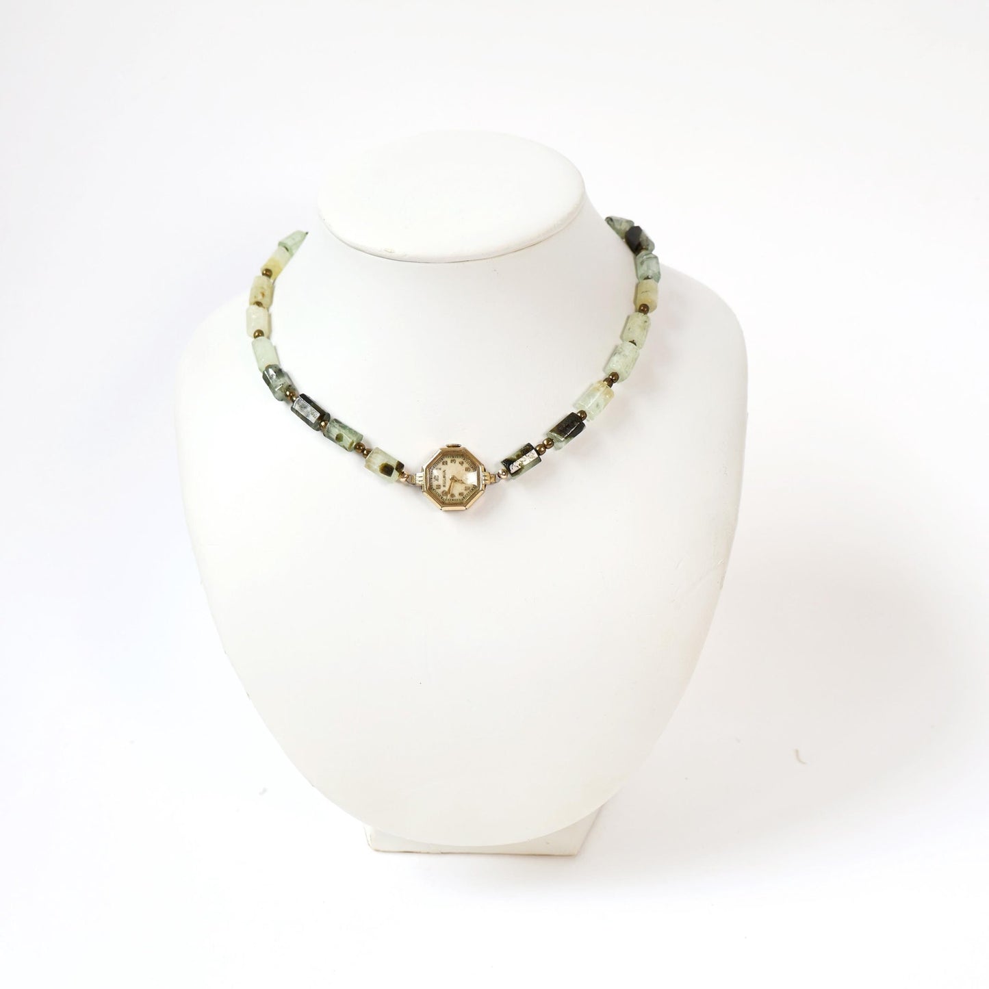 Reworked Prehnite Choker Necklace with Vintage Watch Face (Nonworking) | BULOVA