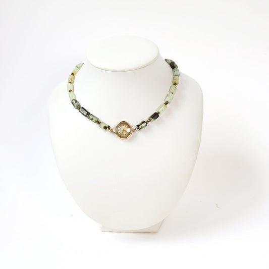 Reworked Prehnite Choker Necklace with Vintage Watch Face (Nonworking) | BULOVA