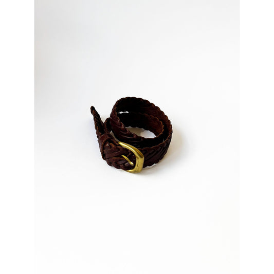Vintage Brown Genuine Leather Woven Belt with Gold Buckle