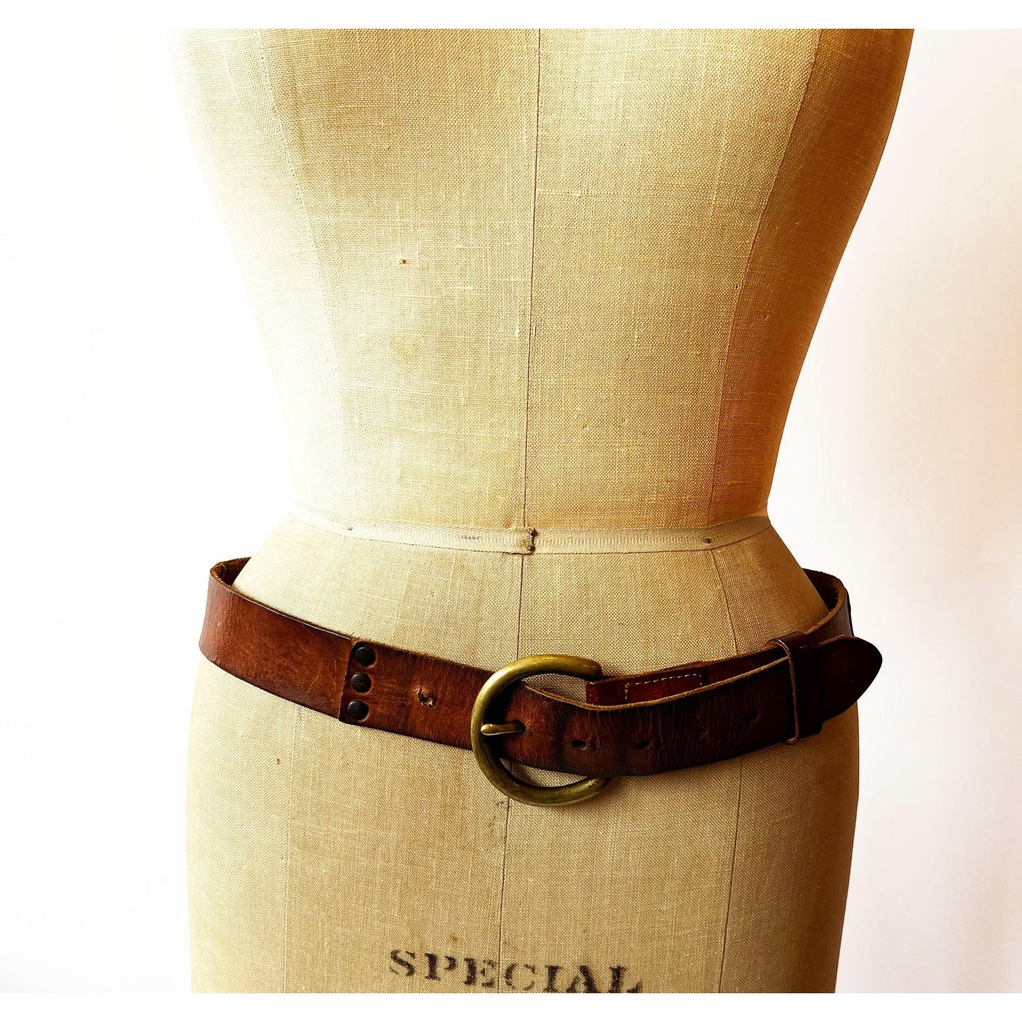 Vintage Brown Genuine Leather Belt with Gold Buckle