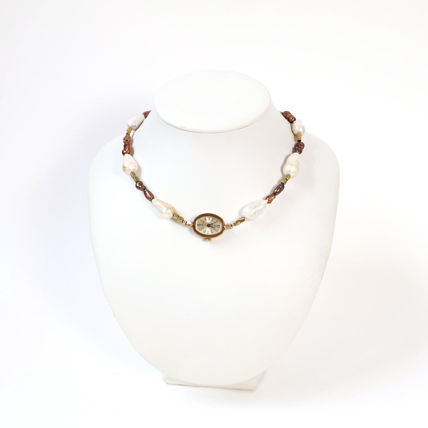 Reworked Brown and Baroque Pearl Choker Necklace with Vintage watch Face (Nonworking) | TIMEX