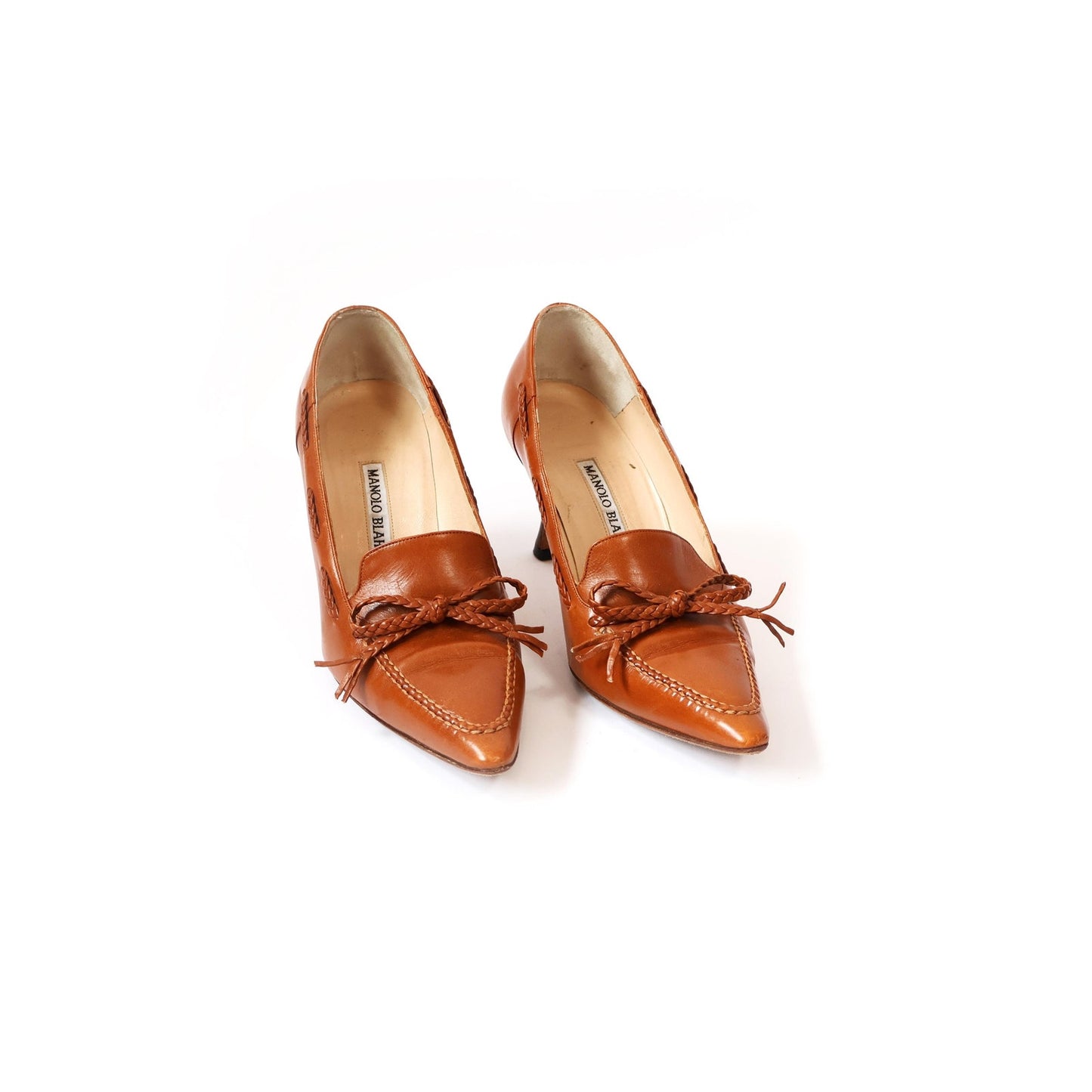 Vintage Braided Leather Manolo Blahnik Heels with Bow and Wooden Heel | EU 35 1/2