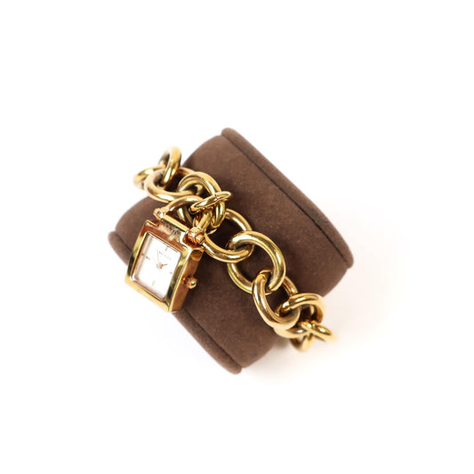 Vintage Gold Charm Bracelet Style Watch with Lock Shaped Face | ANNE KLEIN