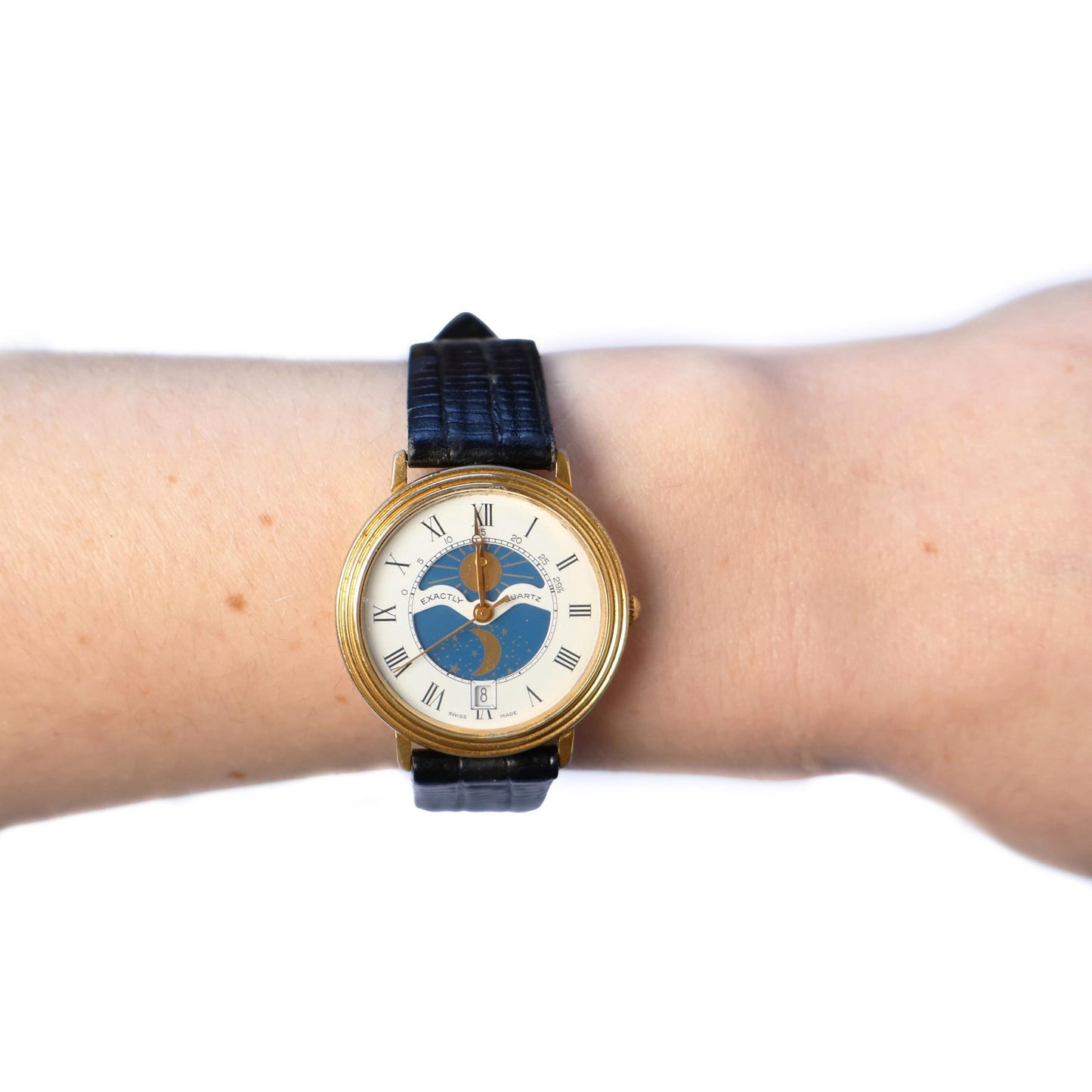 Vintage Gold Tone Day and Night Circle Face Watch with Leather Band | EXACTLY