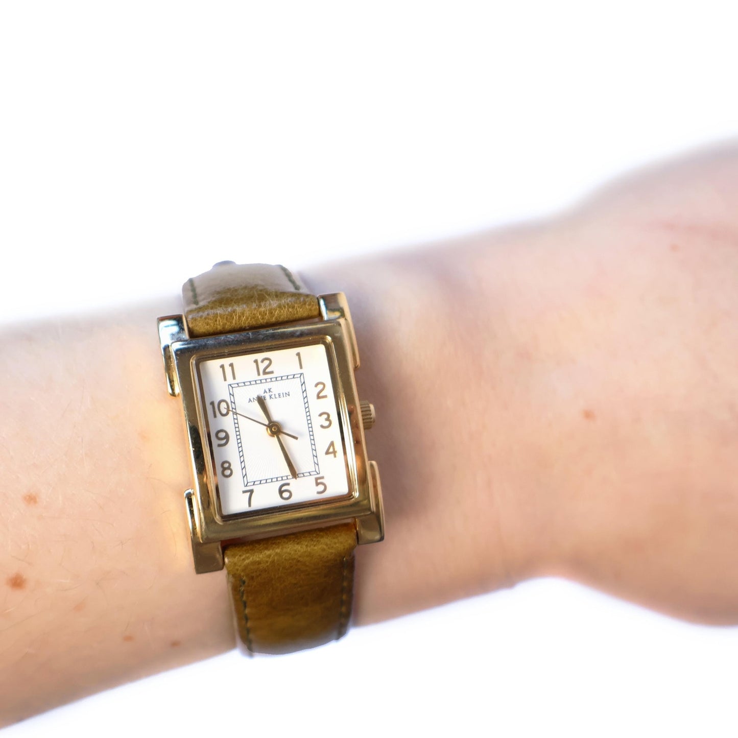 Vintage Gold Tone White Square Face Watch with Leather Band | ANNE KLEIN