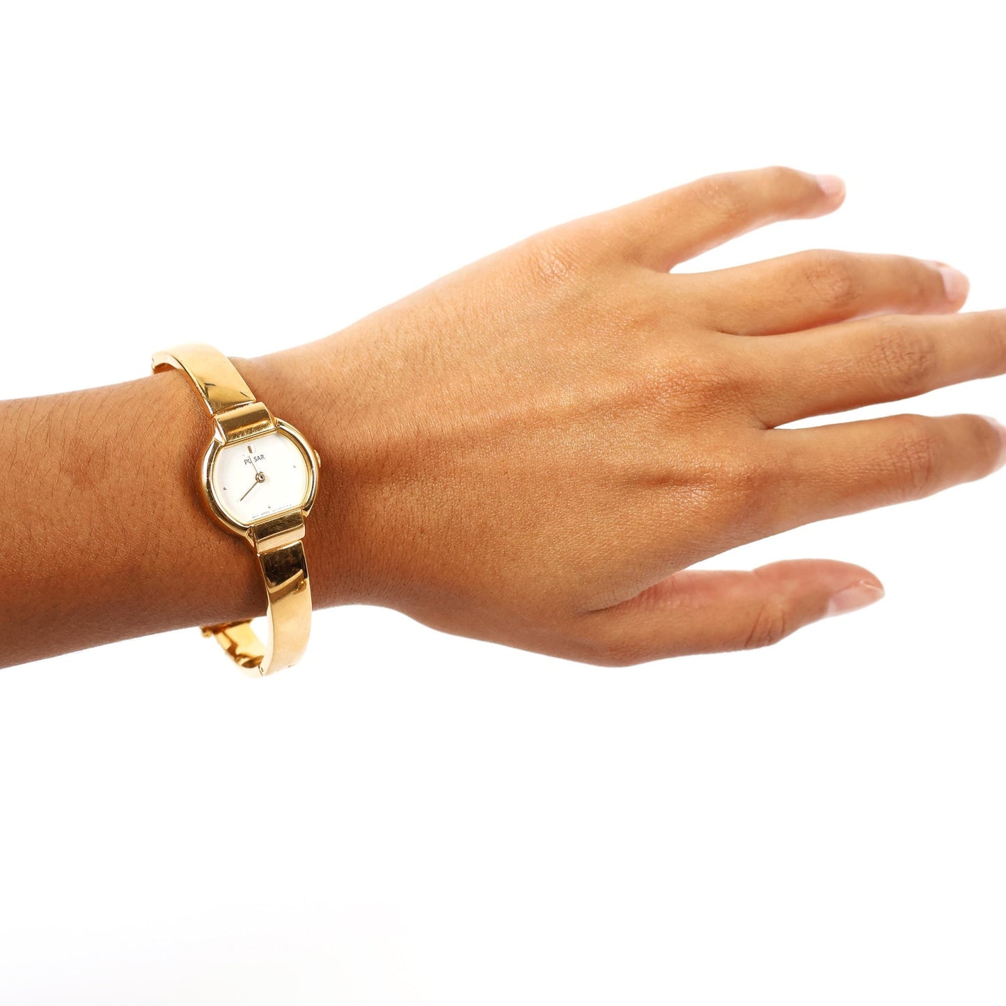 Vintage Gold Cuff Watch with White Round Face | PULSAR