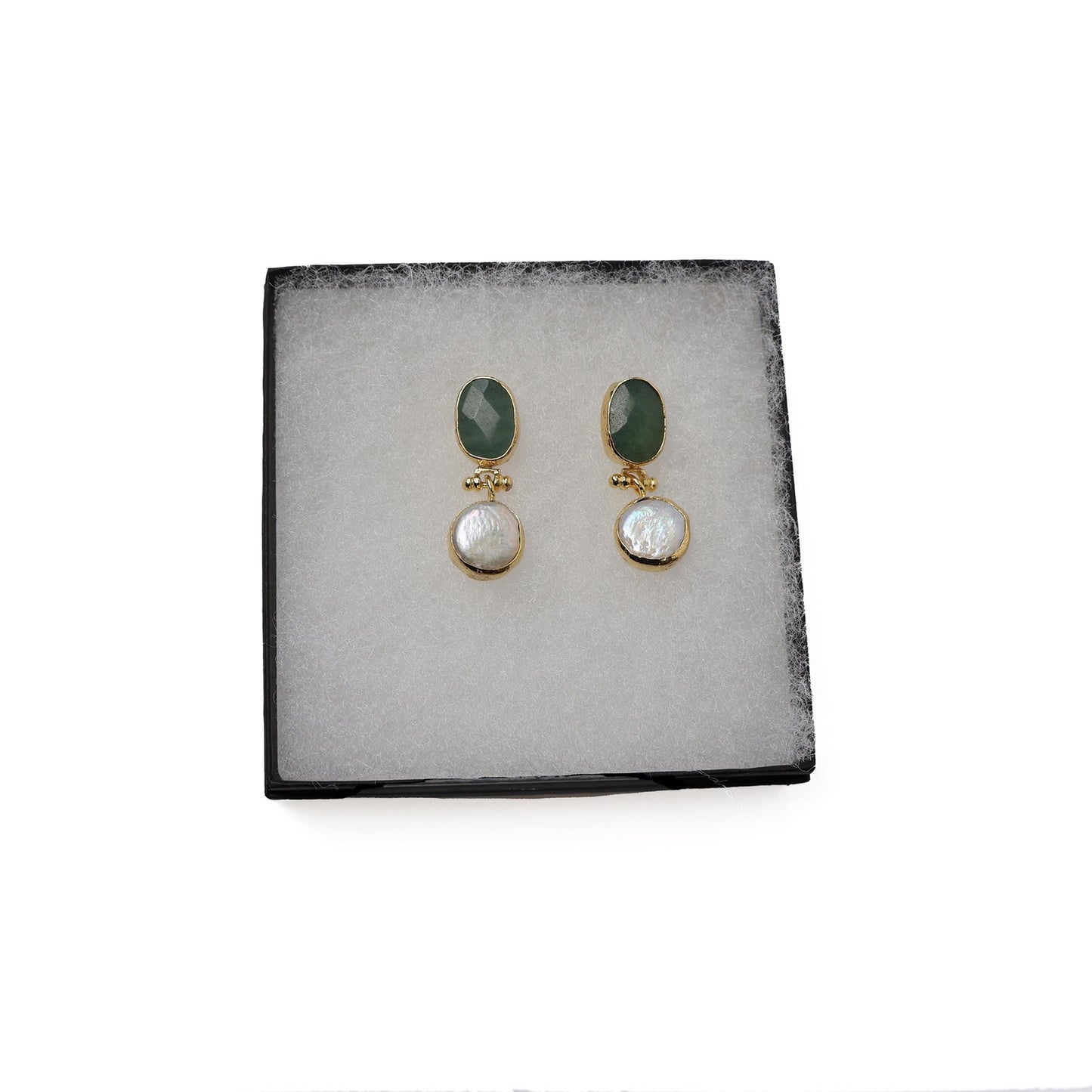 Eclectic Inventory Gold Toned Natural Stone Drop Earrings | Emerald and Pearl Style