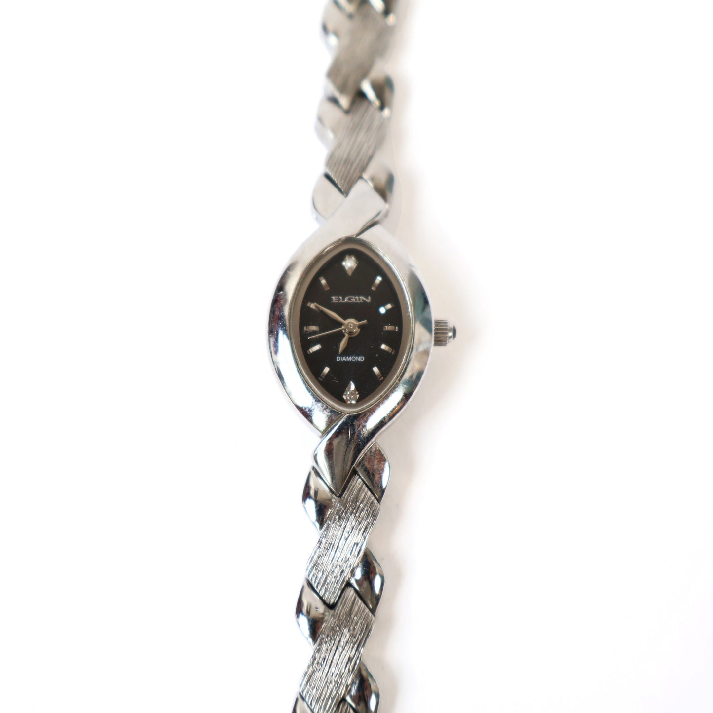 Vintage Silver Watch with Black Oval Face | ELGIN