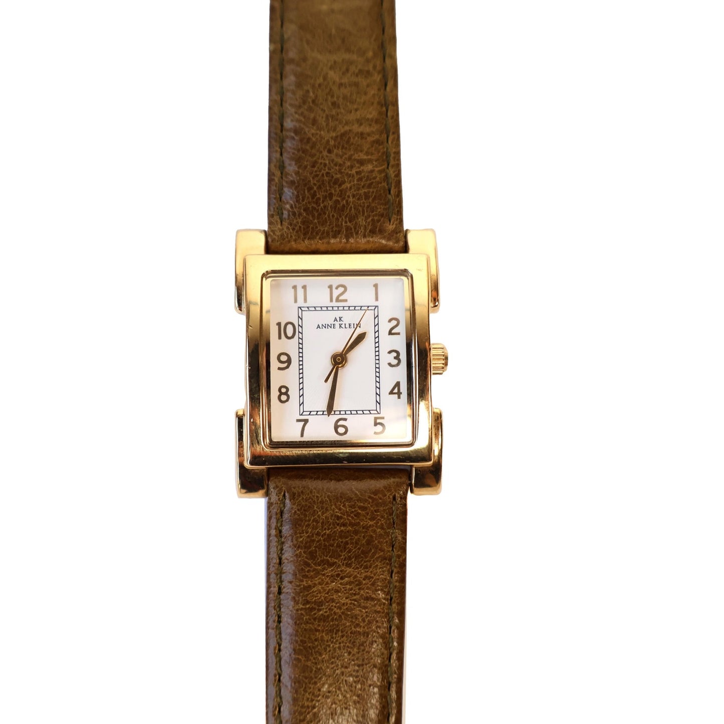 Vintage Gold Tone White Square Face Watch with Leather Band | ANNE KLEIN