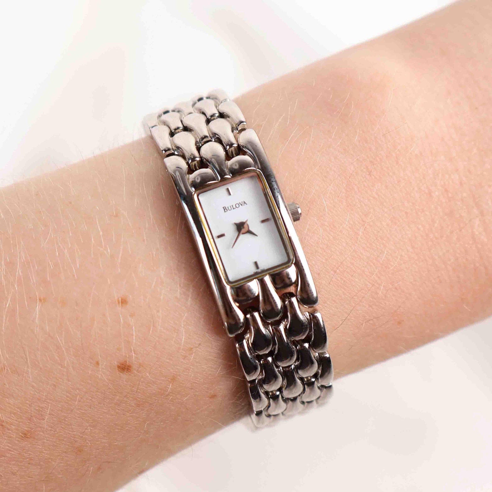 Vintage Silver Tone Bulova Watch with Rectangle Watch Face