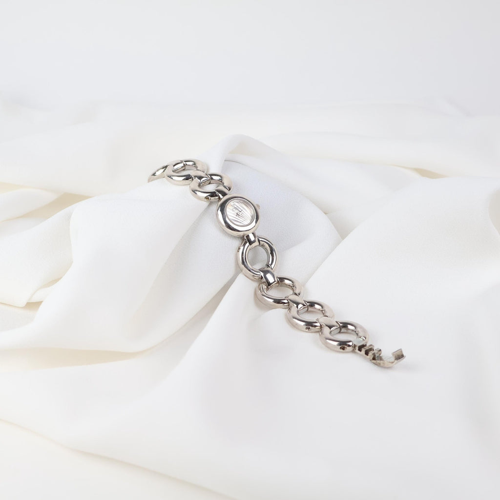 Vintage Silver Anne Klein Watch with Circle Face and Chain