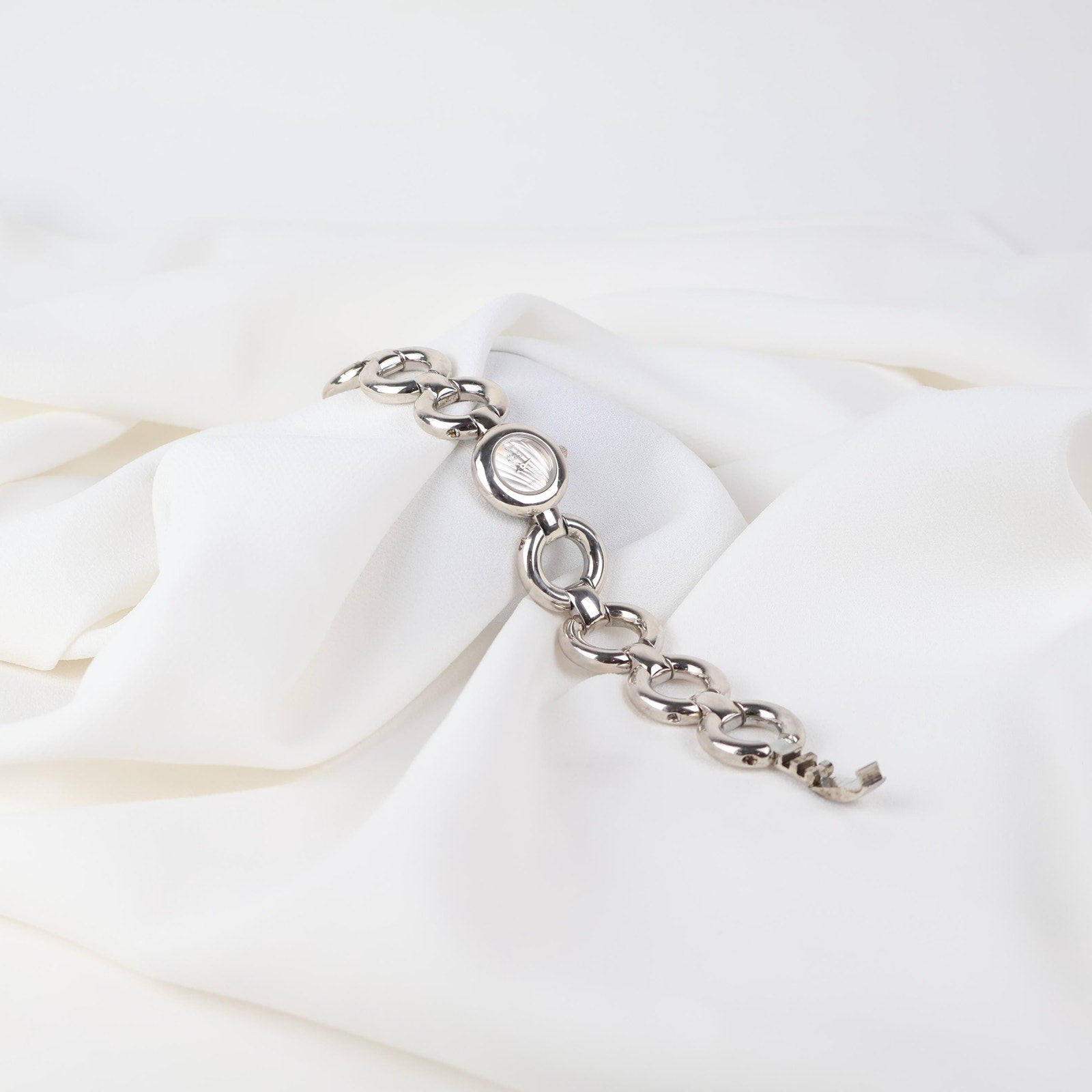 Vintage Silver Anne Klein Watch with Circle Face and Chain