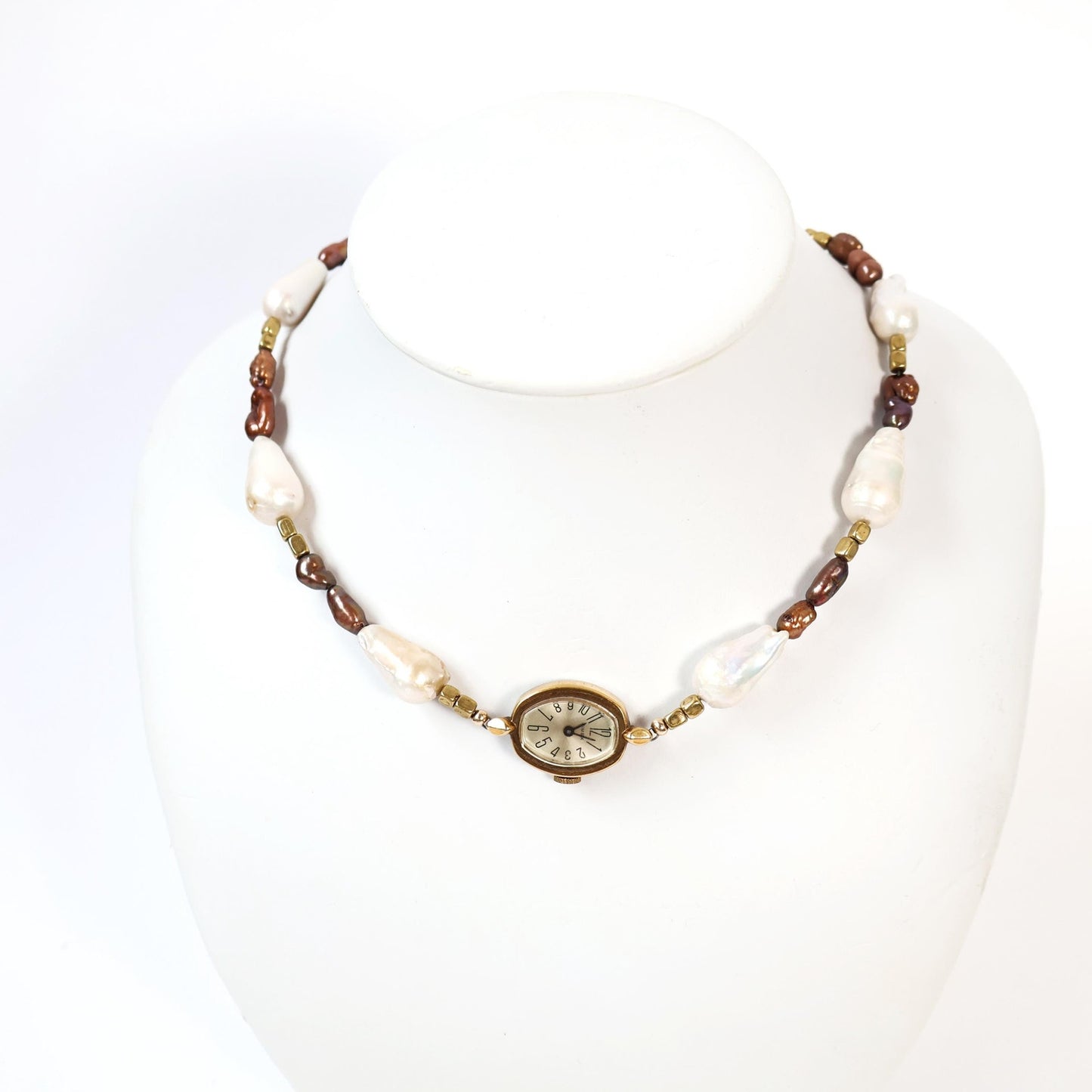 Reworked Brown and Baroque Pearl Choker Necklace with Vintage watch Face (Nonworking) | TIMEX