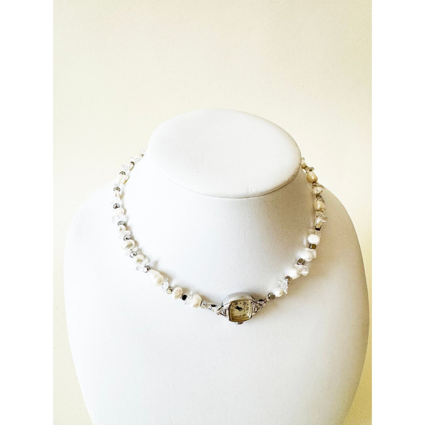 Watch Necklace | Vintage One of a Kind Pearl and Crystal Watch Choker 10K Gold Face by