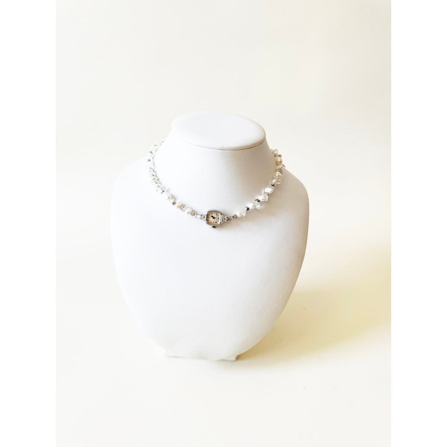 Watch Necklace | Vintage One of a Kind Pearl and Crystal Watch Choker 10K Gold Face by