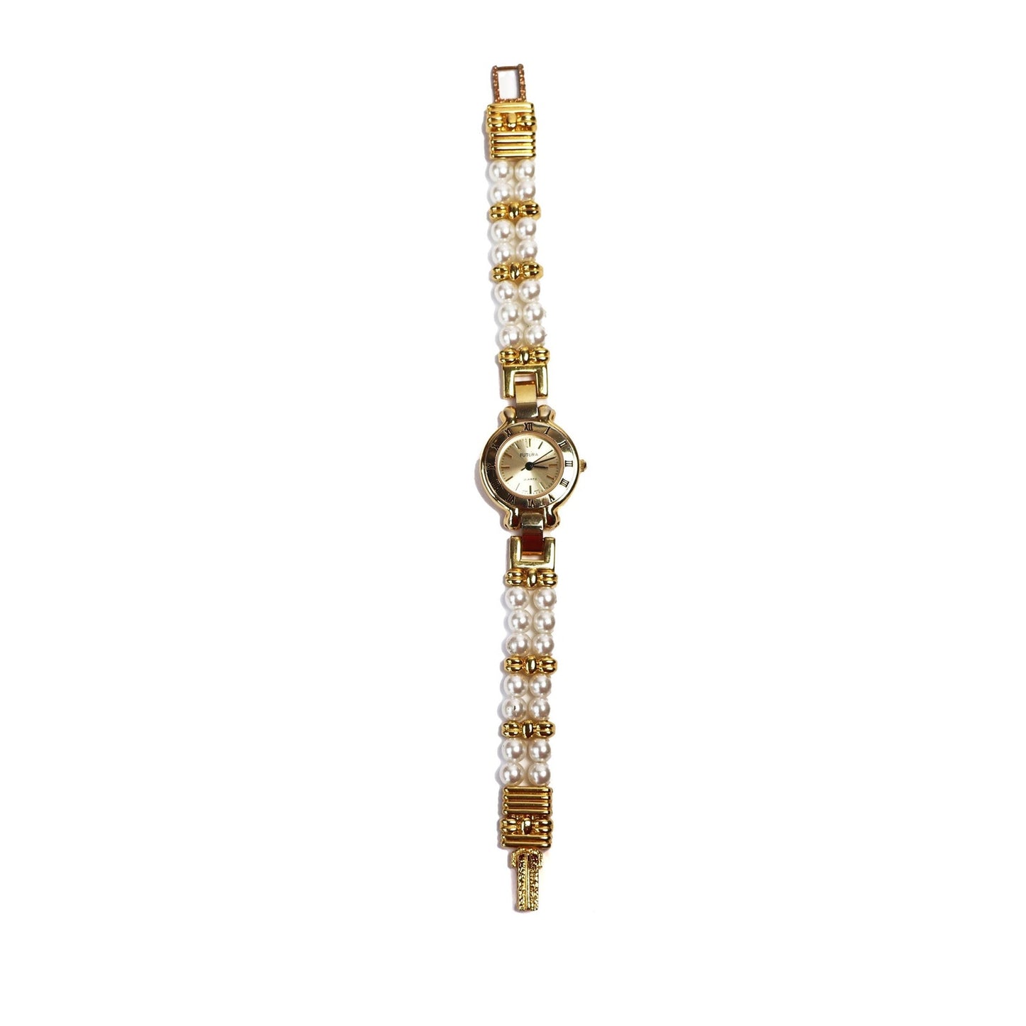 Vintage Pearl and Gold Watch with Gold Round Face | FUTURA