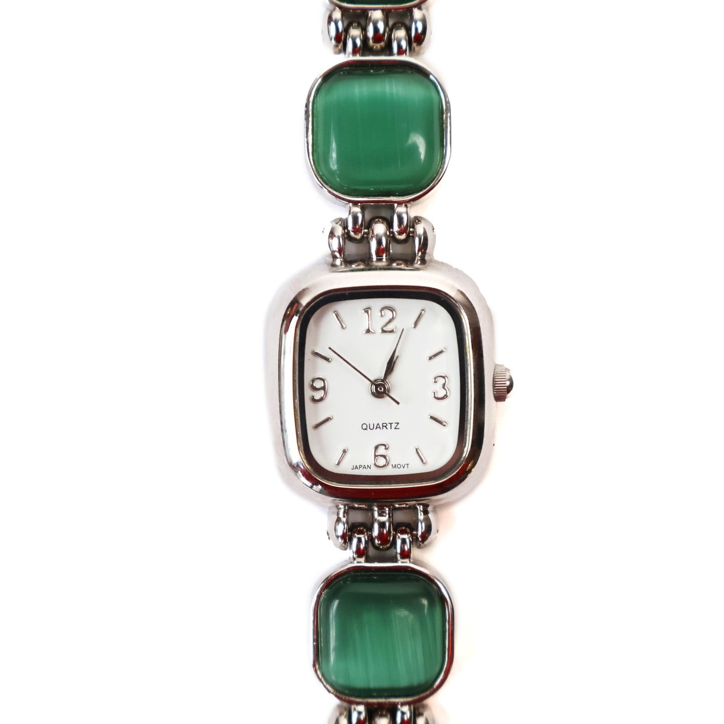 Vintage Silver and Green Watch with White Square Face | QUARTZ