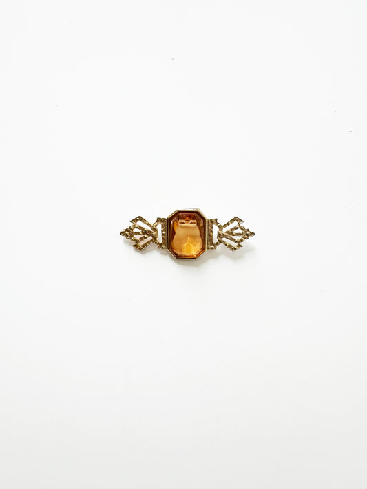 Vintage Gold Victorian Style Brooch w/ Orange Stone