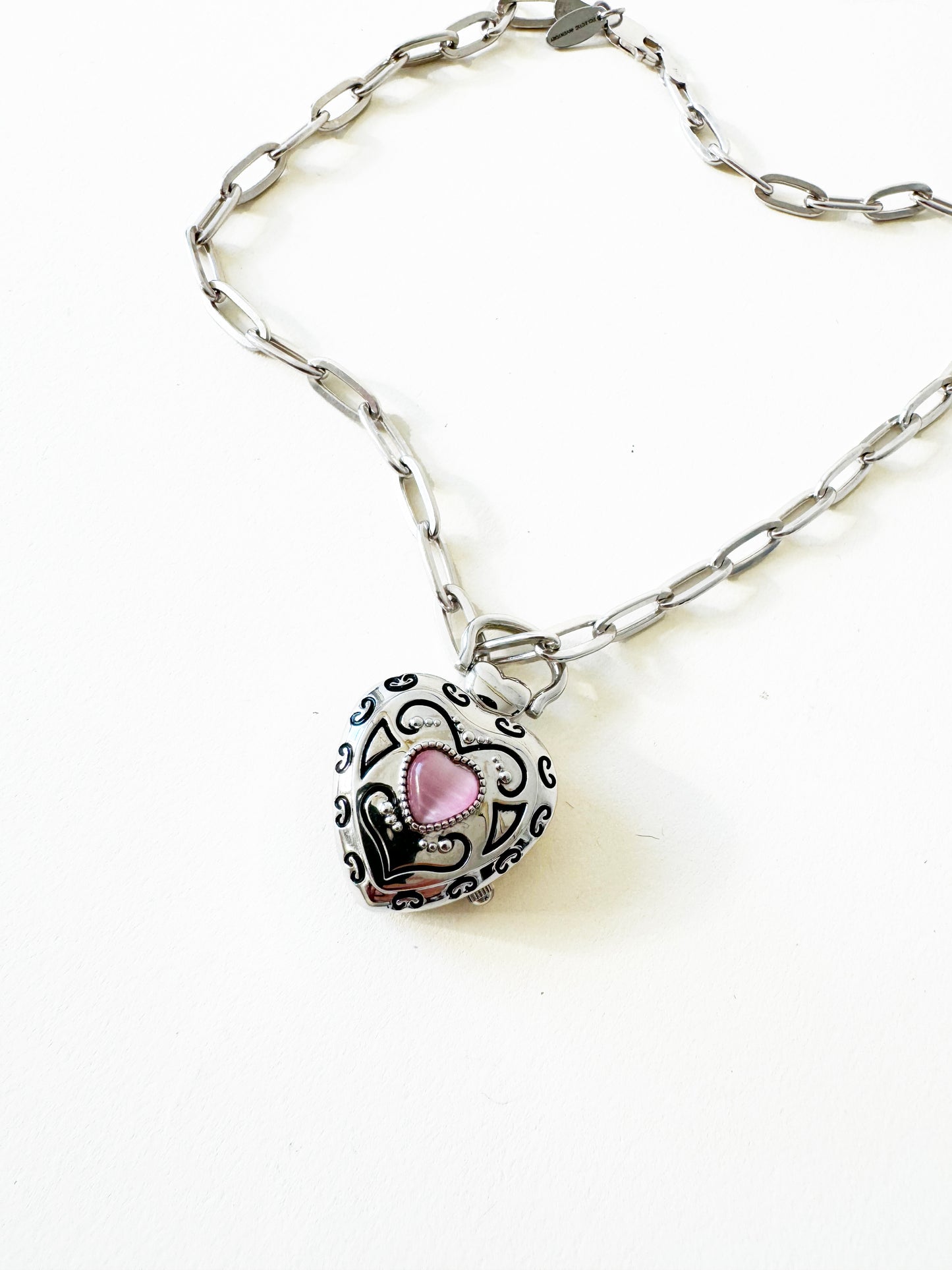 Watch Heart Necklace with Pink | 925 Silver Chain