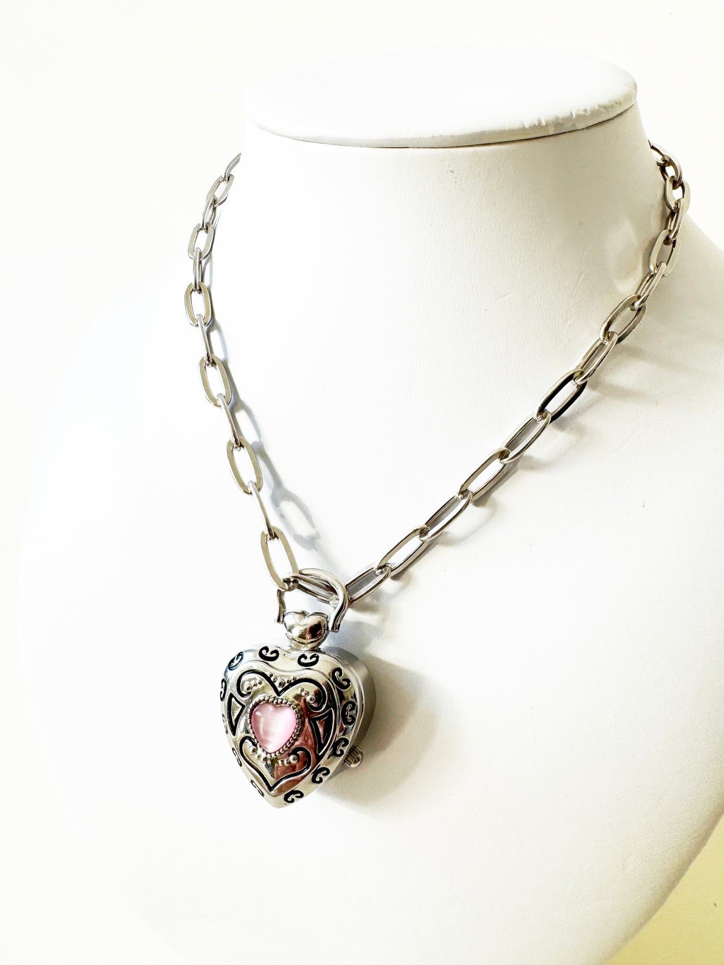 Watch Heart Necklace with Pink | 925 Silver Chain