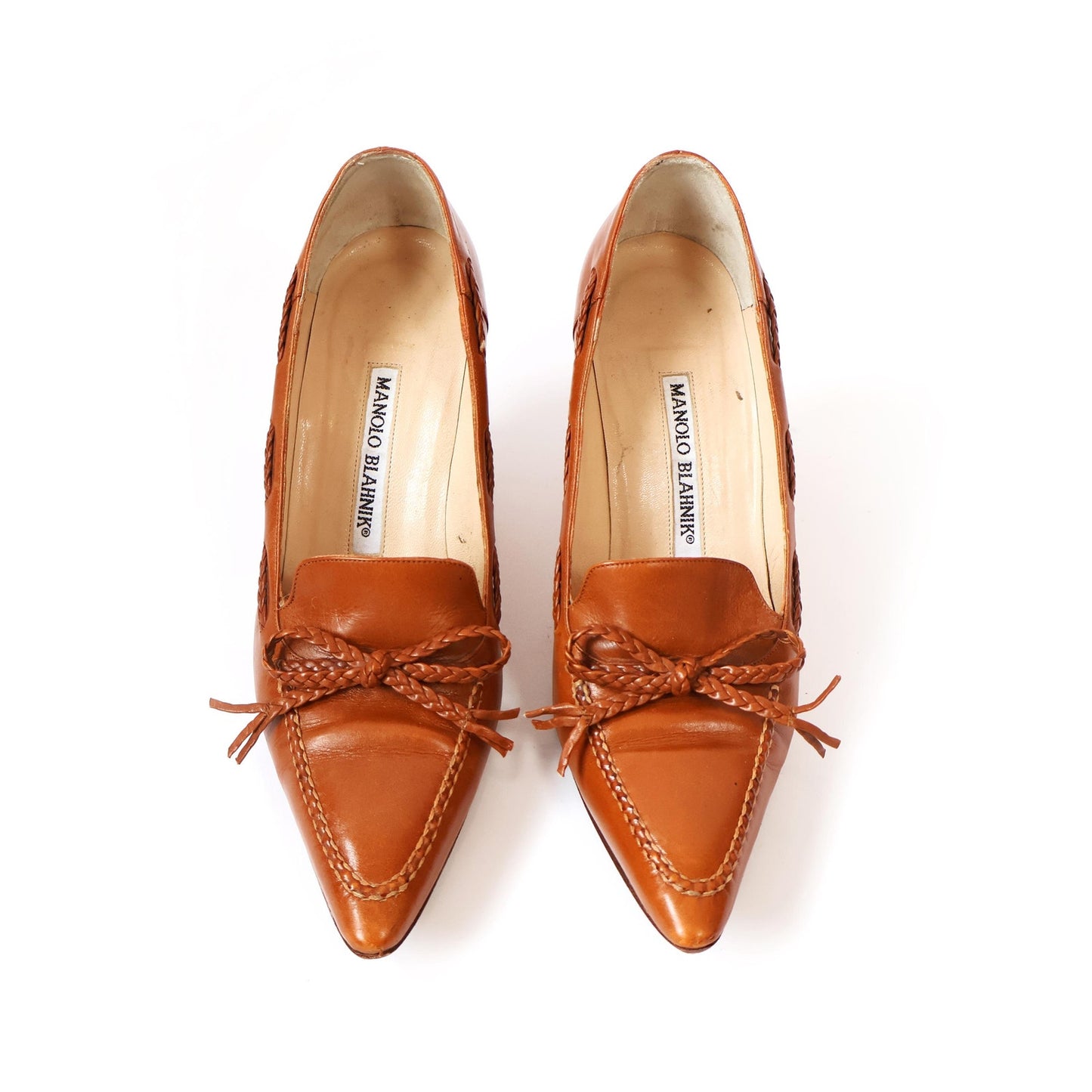 Vintage Braided Leather Manolo Blahnik Heels with Bow and Wooden Heel | EU 35 1/2