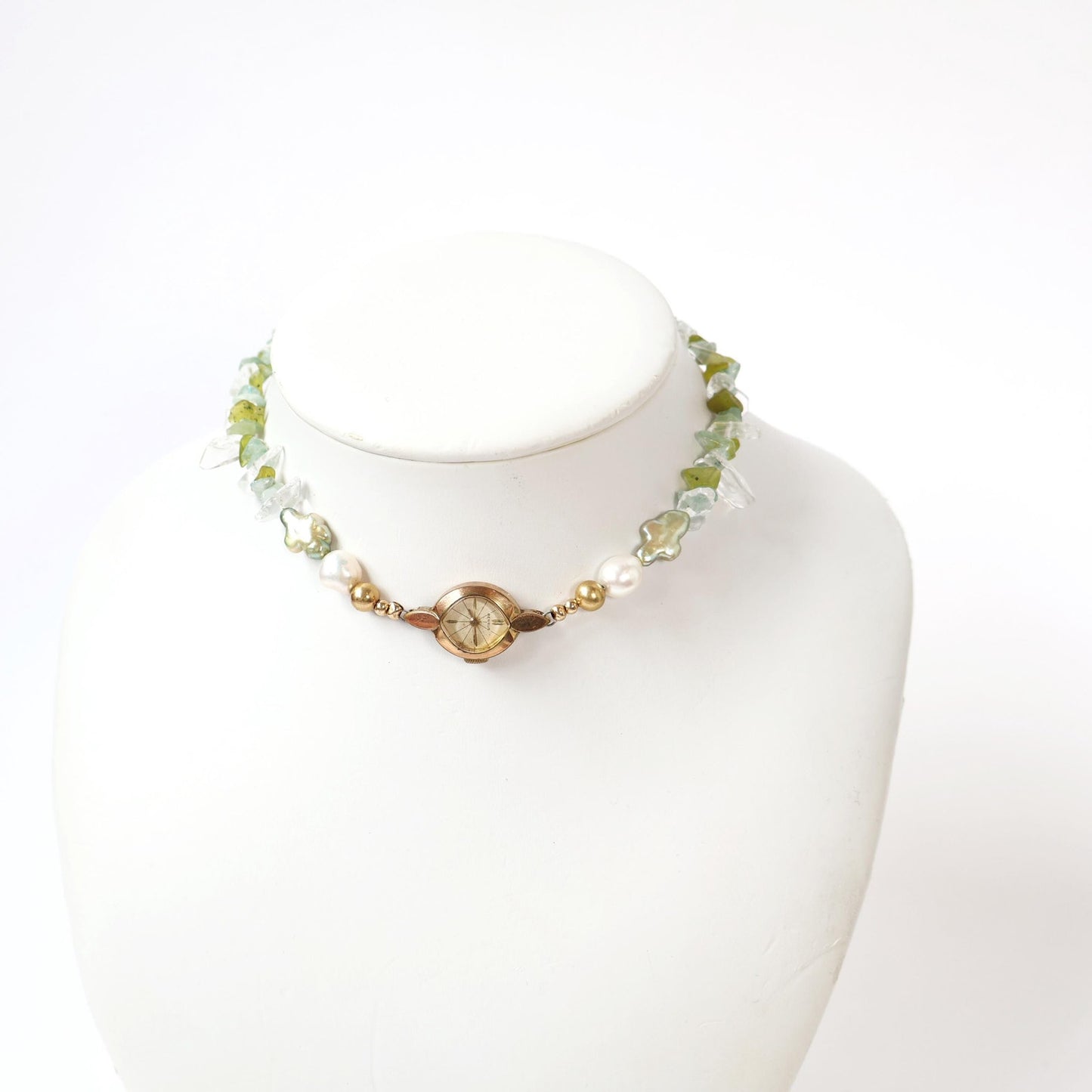 Reworked Gemstone and Freshwater Pearl Choker Necklace with Vintage Watch Face (Nonworking) | BENRUS