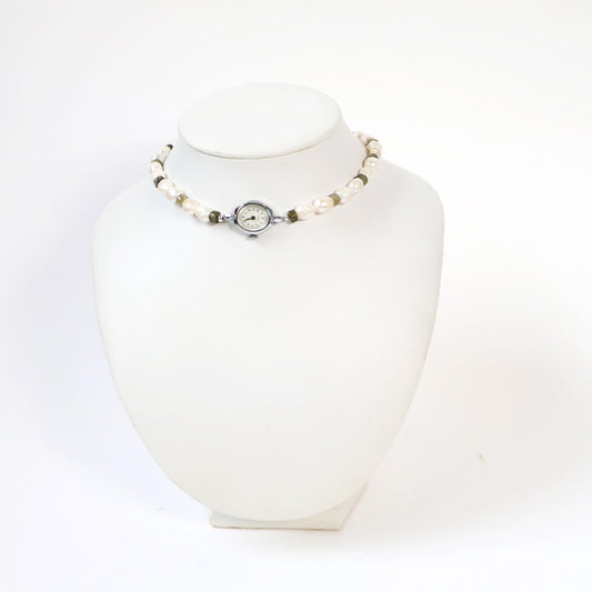 Reworked Labradorite and Pearl Choker Necklace with Vintage Watch Face (Nonworking) | TIMEX